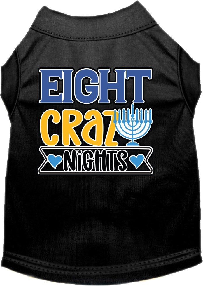 A soft and comfy Hanukkah pet shirt for dogs and cats, featuring the screen-printed phrase 'Eight Crazy Nights' in festive colors.