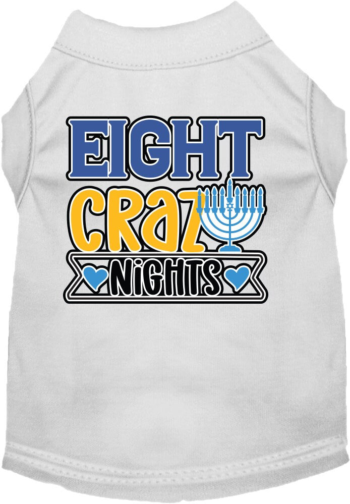A soft and comfy Hanukkah pet shirt for dogs and cats, featuring the screen-printed phrase 'Eight Crazy Nights' in festive colors.