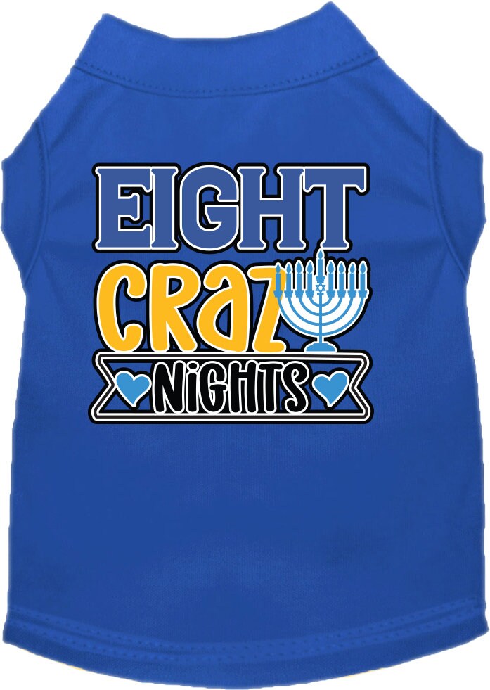 A soft and comfy Hanukkah pet shirt for dogs and cats, featuring the screen-printed phrase 'Eight Crazy Nights' in festive colors.