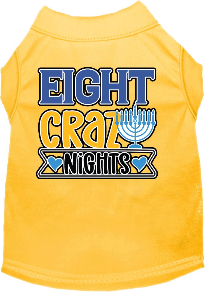 A soft and comfy Hanukkah pet shirt for dogs and cats, featuring the screen-printed phrase 'Eight Crazy Nights' in festive colors.