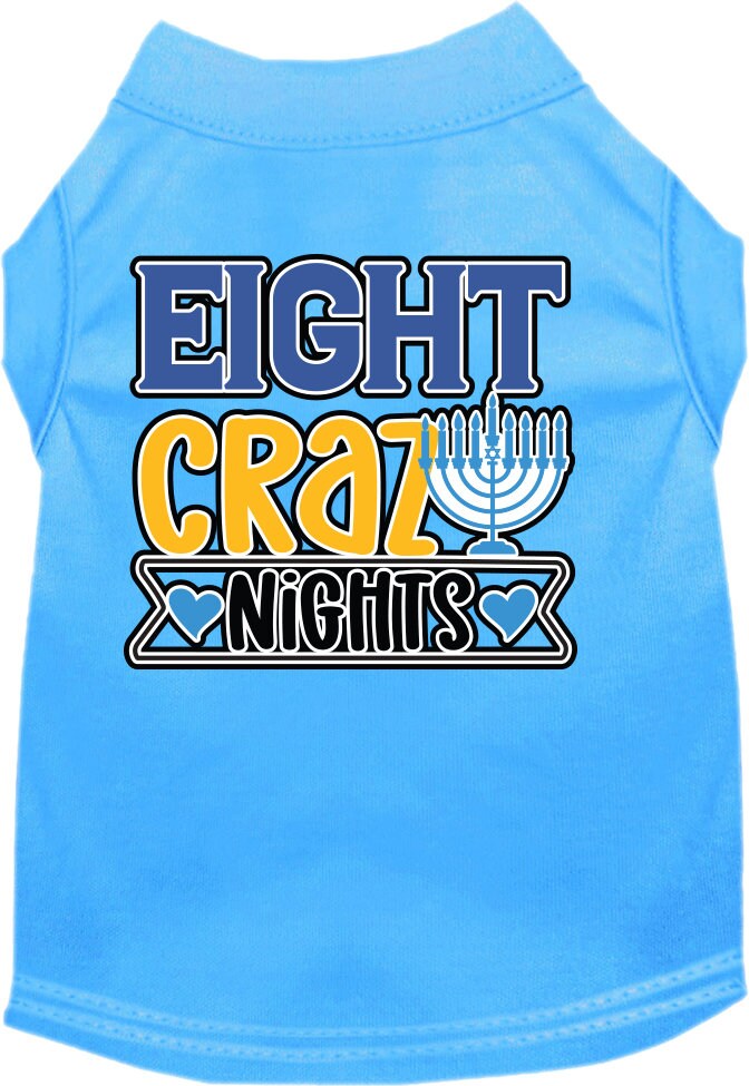 A soft and comfy Hanukkah pet shirt for dogs and cats, featuring the screen-printed phrase 'Eight Crazy Nights' in festive colors.
