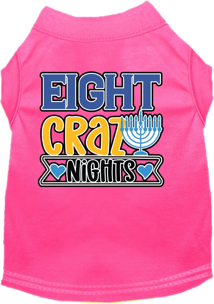 A soft and comfy Hanukkah pet shirt for dogs and cats, featuring the screen-printed phrase 'Eight Crazy Nights' in festive colors.