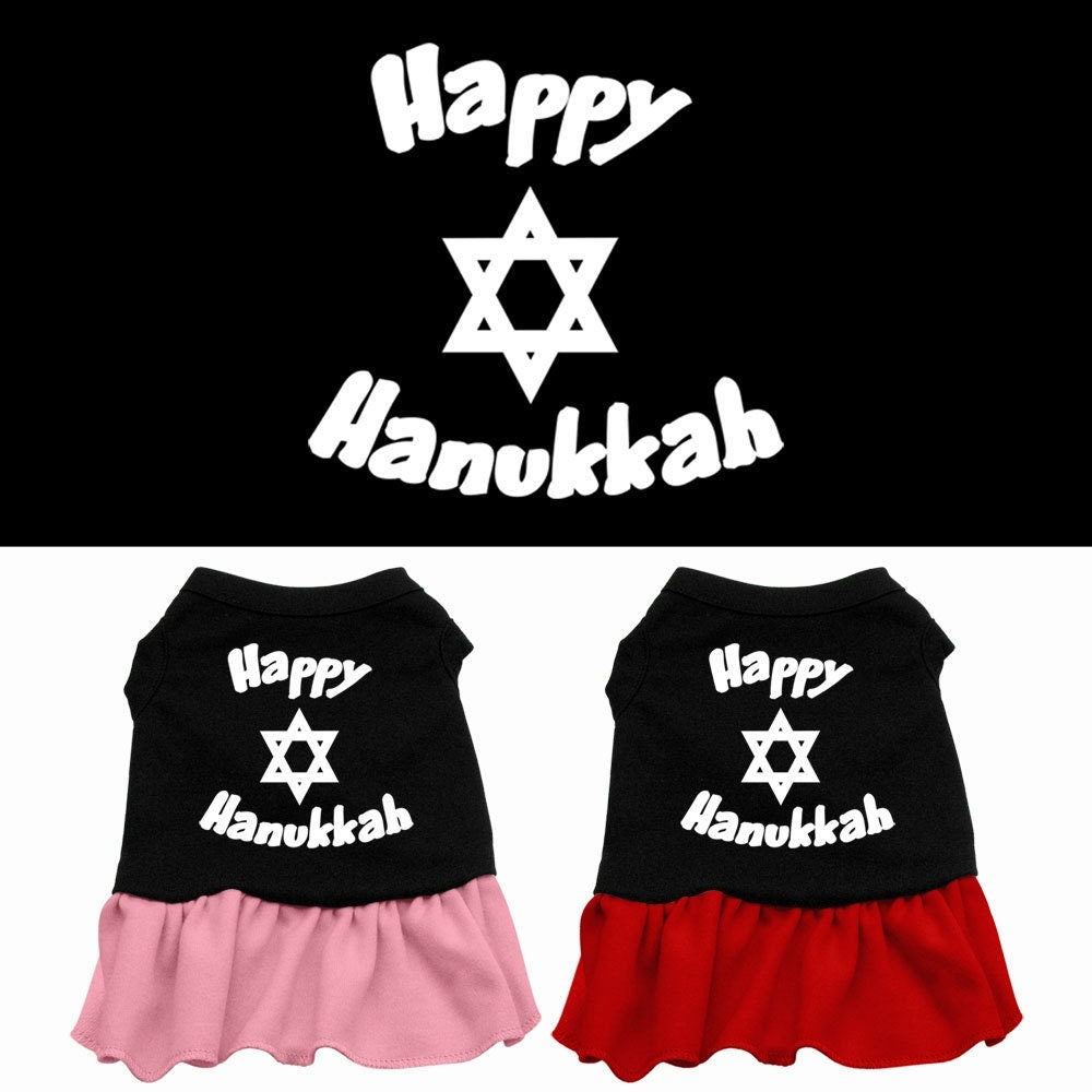 A cute Hanukkah dress for pets featuring a 'Happy Hanukkah' print, designed for both dogs and cats with a ruffled bottom.