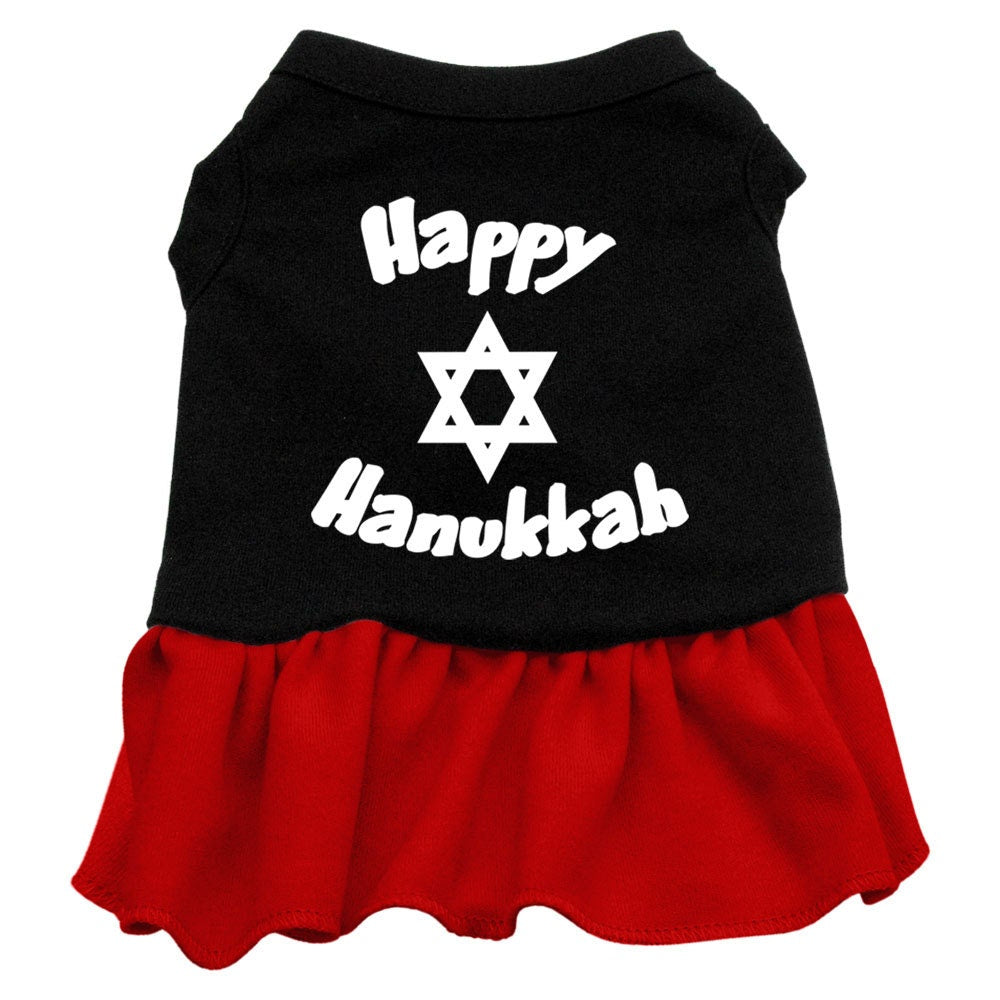 A cute Hanukkah dress for pets featuring a 'Happy Hanukkah' print, designed for both dogs and cats with a ruffled bottom.