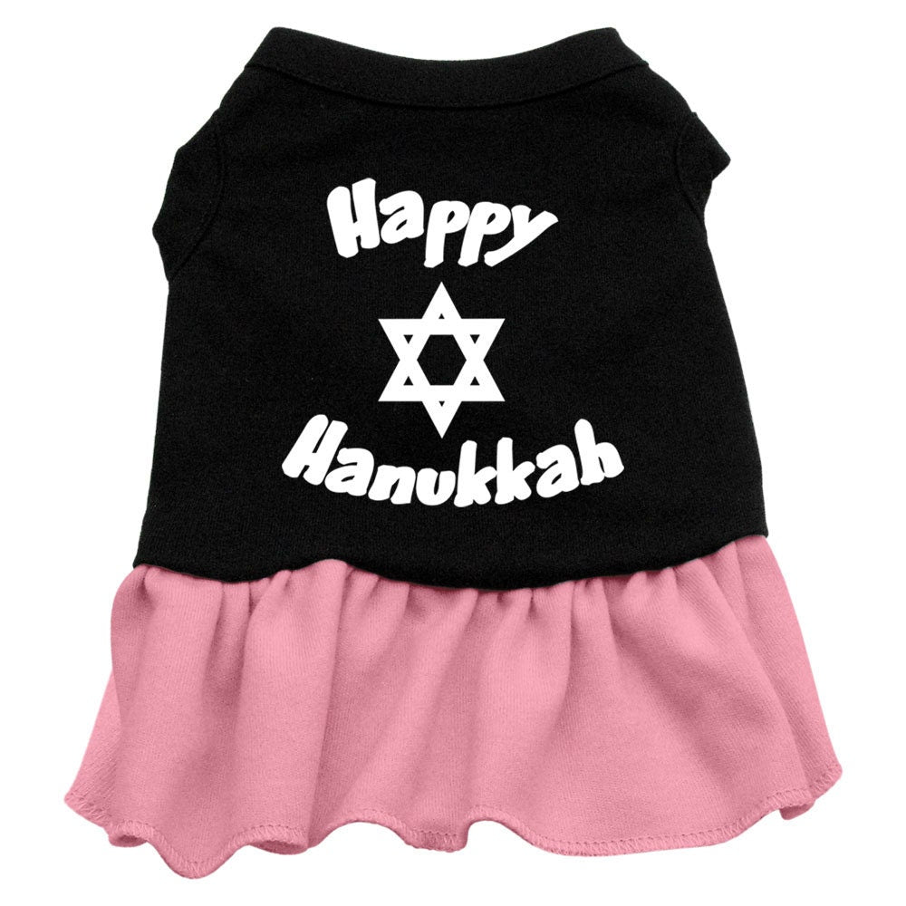 A cute Hanukkah dress for pets featuring a 'Happy Hanukkah' print, designed for both dogs and cats with a ruffled bottom.