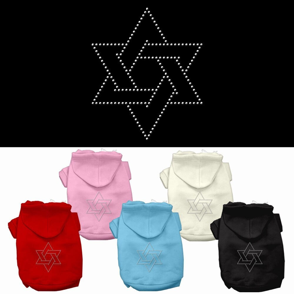 A cozy Hanukkah pet hoodie for dogs and cats featuring a rhinestone Star of David design, perfect for festive celebrations.