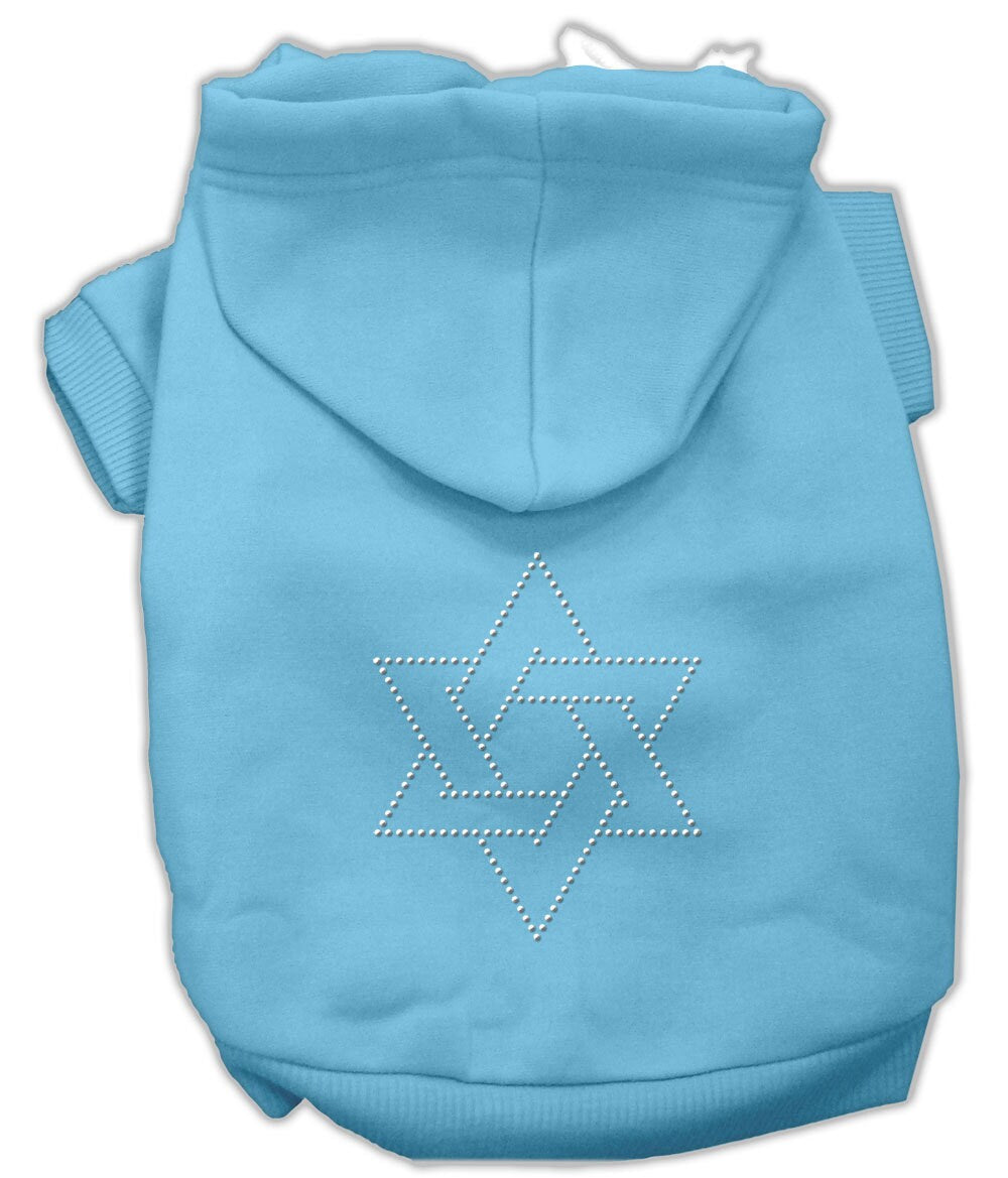 A cozy Hanukkah pet hoodie for dogs and cats featuring a rhinestone Star of David design, perfect for festive celebrations.