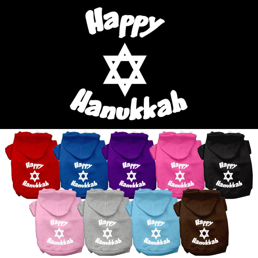 A cozy Hanukkah pet hoodie for dogs and cats, featuring a screen printed 'Happy Hanukkah' design, perfect for festive celebrations.