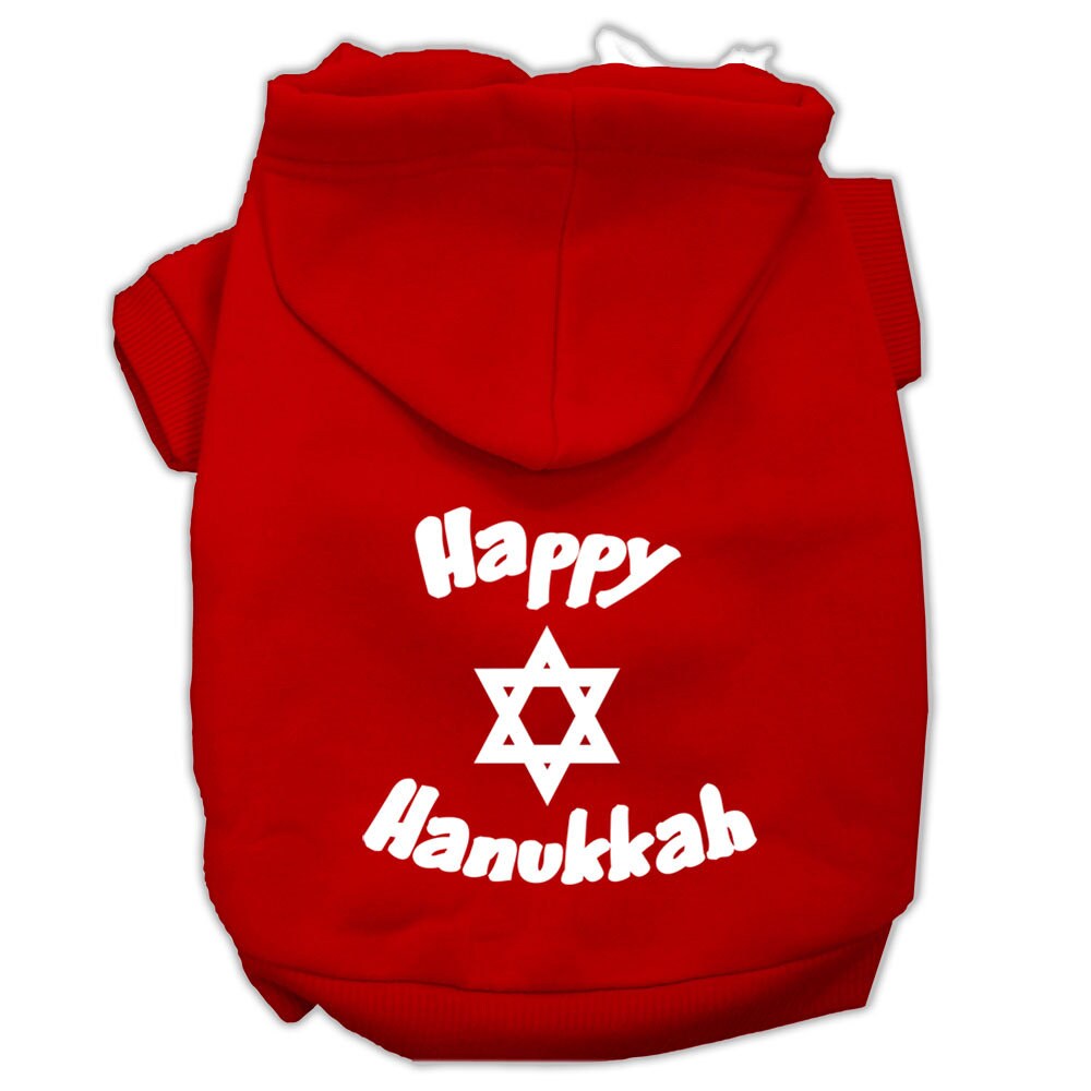 A cozy Hanukkah pet hoodie for dogs and cats, featuring a screen printed 'Happy Hanukkah' design, perfect for festive celebrations.