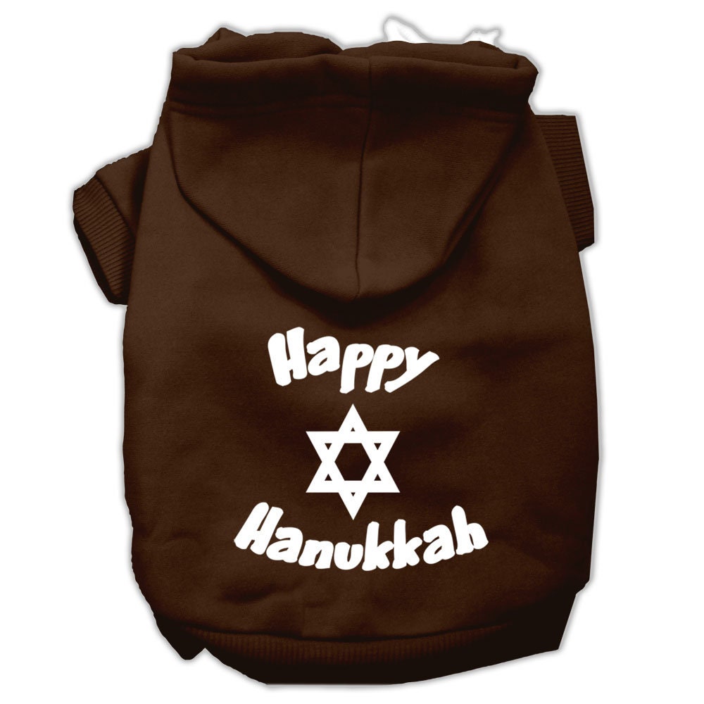 A cozy Hanukkah pet hoodie for dogs and cats, featuring a screen printed 'Happy Hanukkah' design, perfect for festive celebrations.