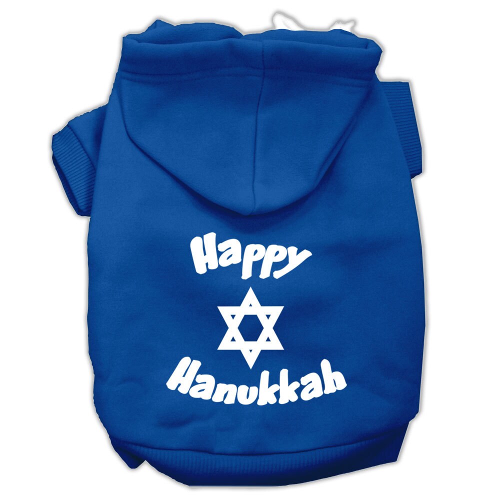 A cozy Hanukkah pet hoodie for dogs and cats, featuring a screen printed 'Happy Hanukkah' design, perfect for festive celebrations.