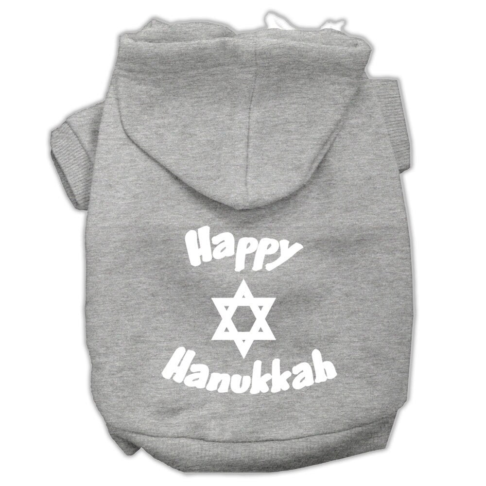 A cozy Hanukkah pet hoodie for dogs and cats, featuring a screen printed 'Happy Hanukkah' design, perfect for festive celebrations.
