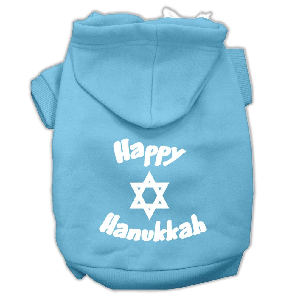 A cozy Hanukkah pet hoodie for dogs and cats, featuring a screen printed 'Happy Hanukkah' design, perfect for festive celebrations.