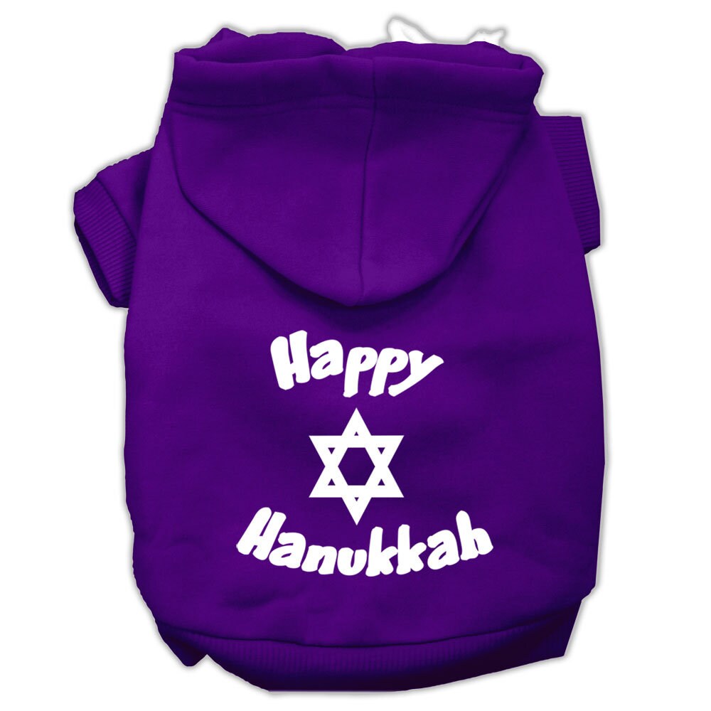 A cozy Hanukkah pet hoodie for dogs and cats, featuring a screen printed 'Happy Hanukkah' design, perfect for festive celebrations.