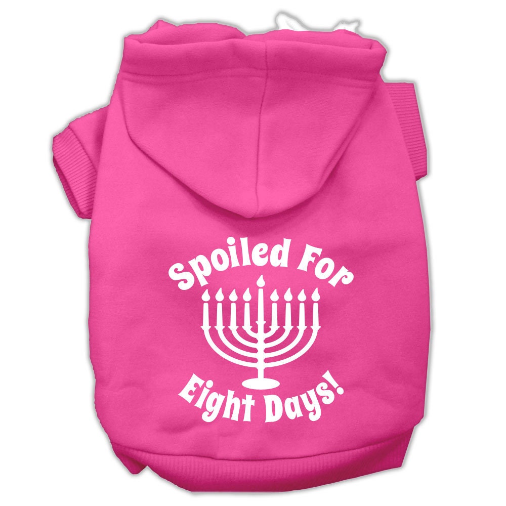 A cozy Hanukkah pet hoodie for dogs and cats, featuring the text 'Spoiled For Eight Days' in festive colors.