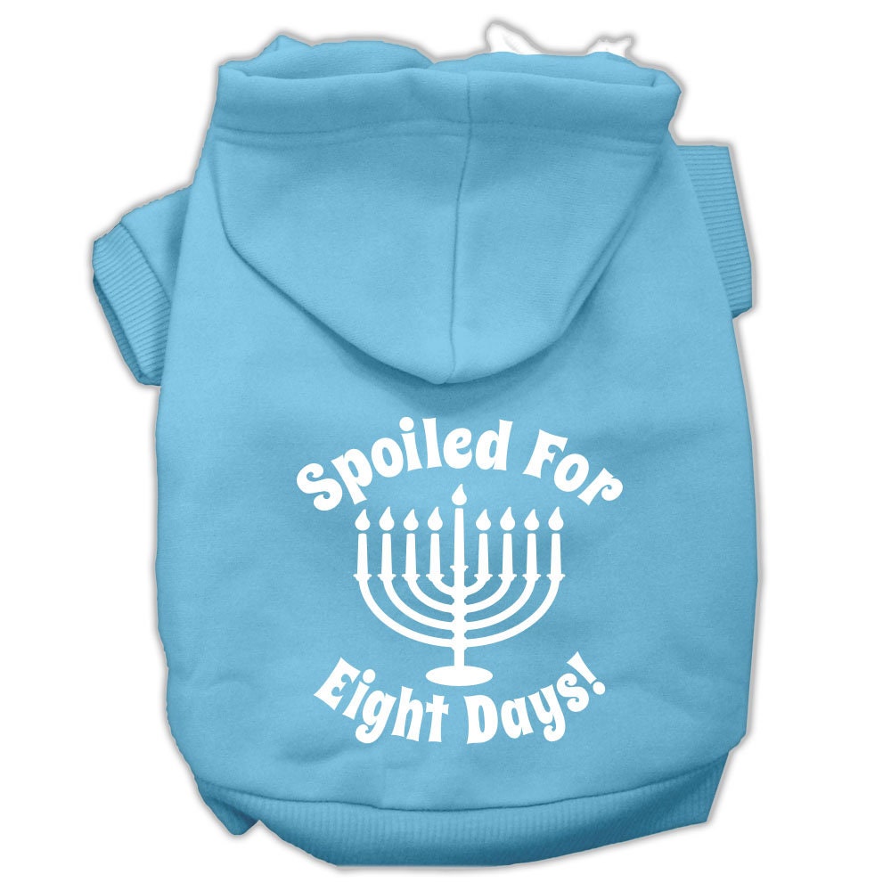 A cozy Hanukkah pet hoodie for dogs and cats, featuring the text 'Spoiled For Eight Days' in festive colors.