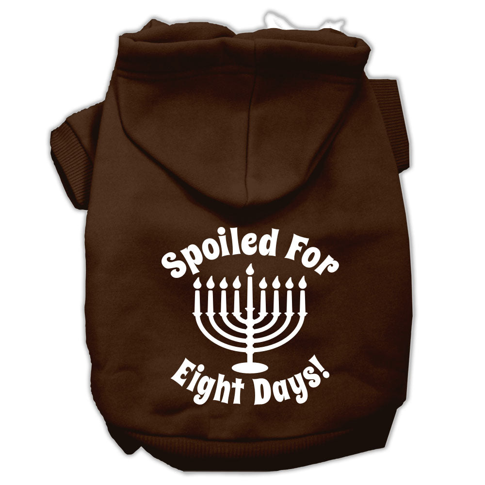 A cozy Hanukkah pet hoodie for dogs and cats, featuring the text 'Spoiled For Eight Days' in festive colors.
