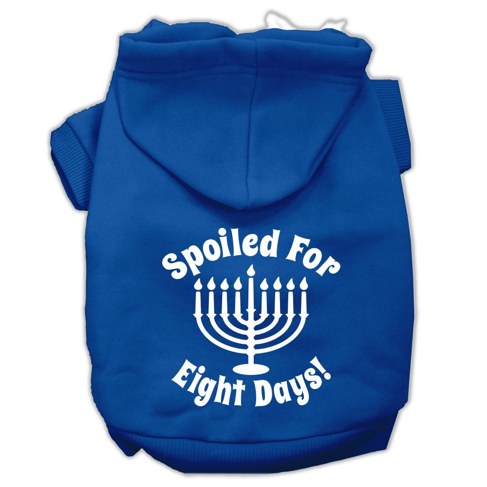 A cozy Hanukkah pet hoodie for dogs and cats, featuring the text 'Spoiled For Eight Days' in festive colors.