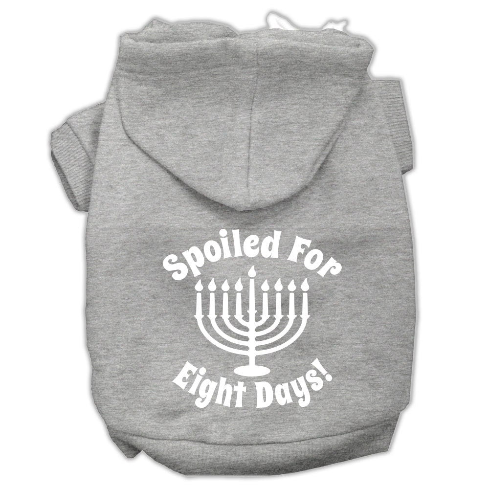 A cozy Hanukkah pet hoodie for dogs and cats, featuring the text 'Spoiled For Eight Days' in festive colors.