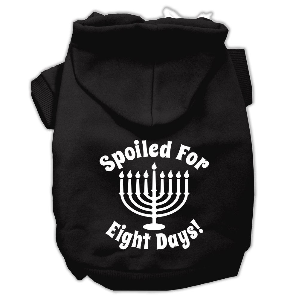 A cozy Hanukkah pet hoodie for dogs and cats, featuring the text 'Spoiled For Eight Days' in festive colors.