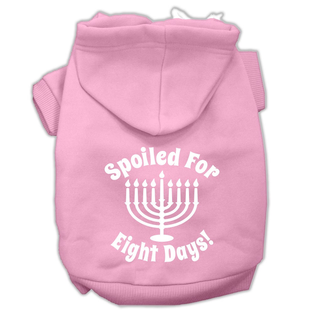 A cozy Hanukkah pet hoodie for dogs and cats, featuring the text 'Spoiled For Eight Days' in festive colors.