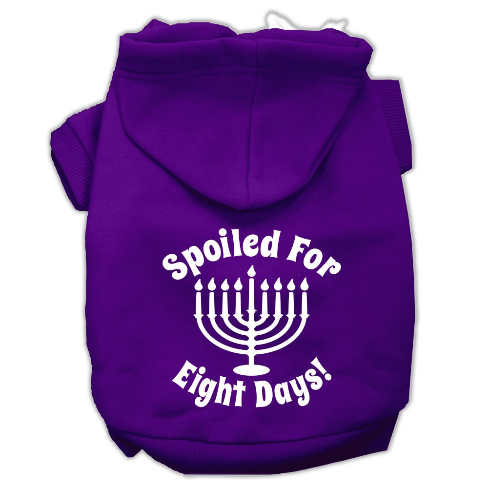 A cozy Hanukkah pet hoodie for dogs and cats, featuring the text 'Spoiled For Eight Days' in festive colors.