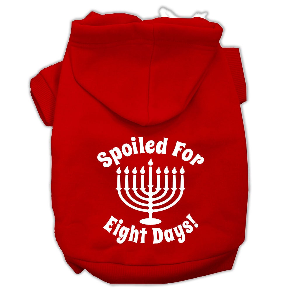 A cozy Hanukkah pet hoodie for dogs and cats, featuring the text 'Spoiled For Eight Days' in festive colors.