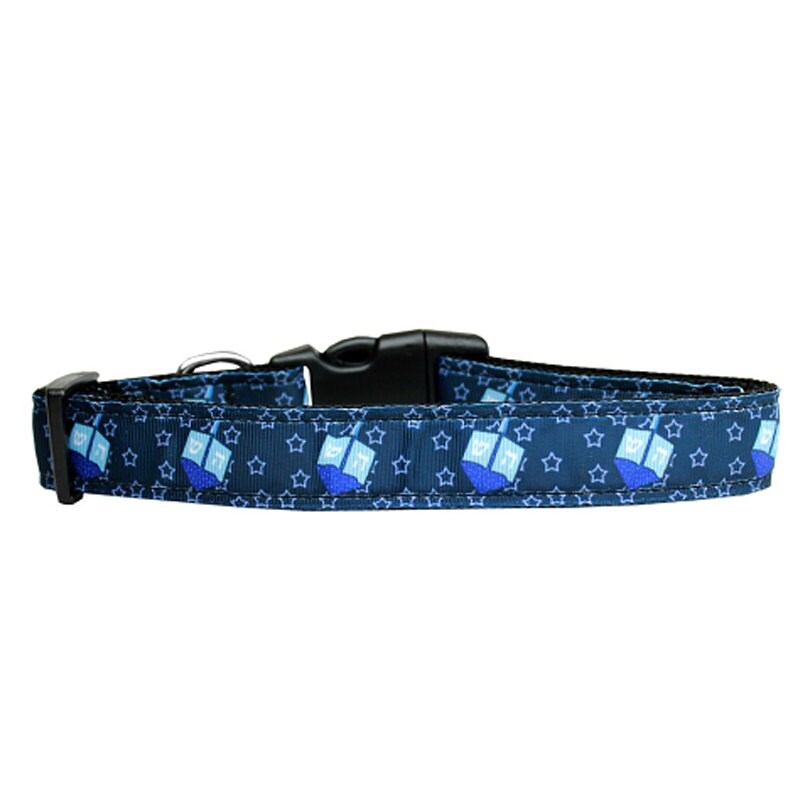 Festive Hanukkah nylon collar and leash for dogs and cats featuring a Dreidel design, showcasing durability and style.