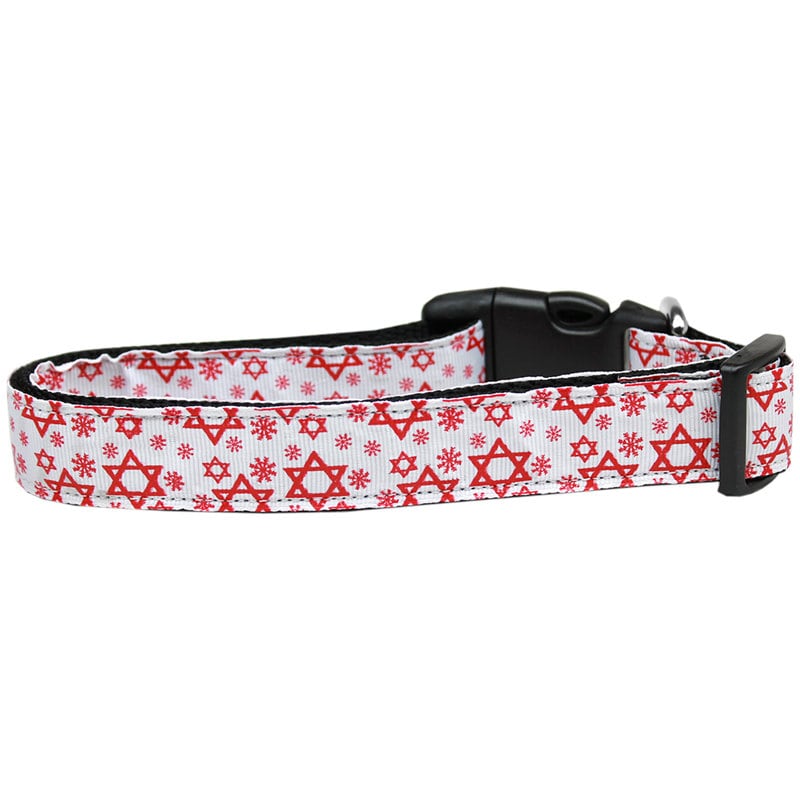 A vibrant nylon collar and leash set for pets featuring the Red Star of David design, perfect for Hanukkah celebrations.