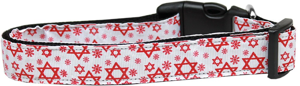A vibrant nylon collar and leash set for pets featuring the Red Star of David design, perfect for Hanukkah celebrations.