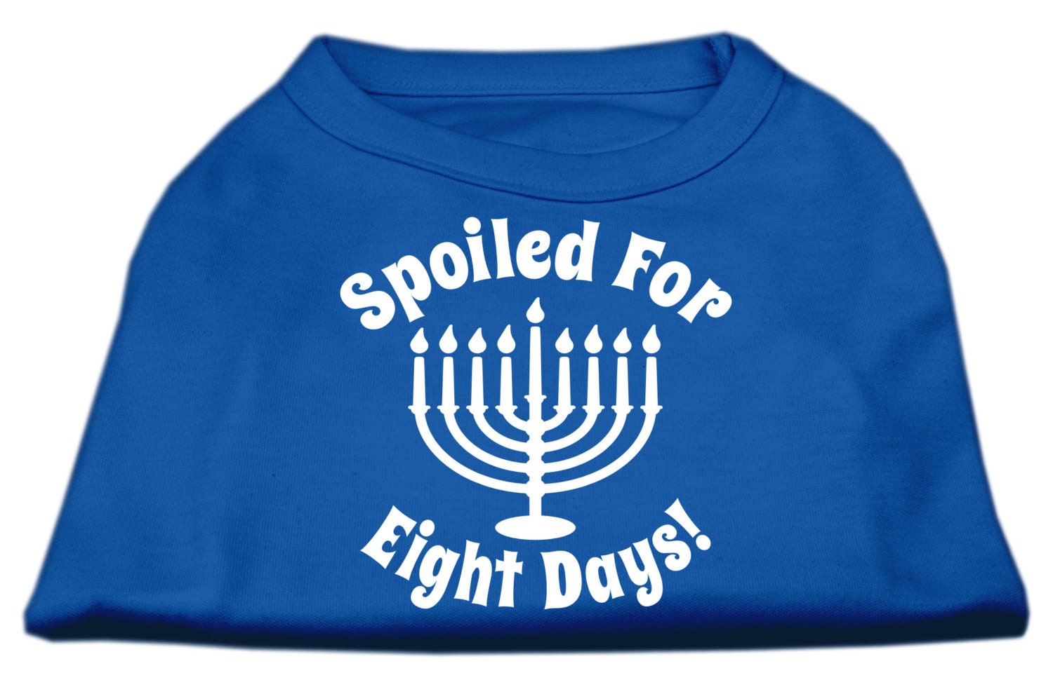 A soft and comfy Hanukkah pet shirt for dogs and cats, featuring the phrase 'Spoiled for Eight Days' in vibrant print.