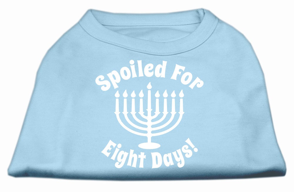 A soft and comfy Hanukkah pet shirt for dogs and cats, featuring the phrase 'Spoiled for Eight Days' in vibrant print.