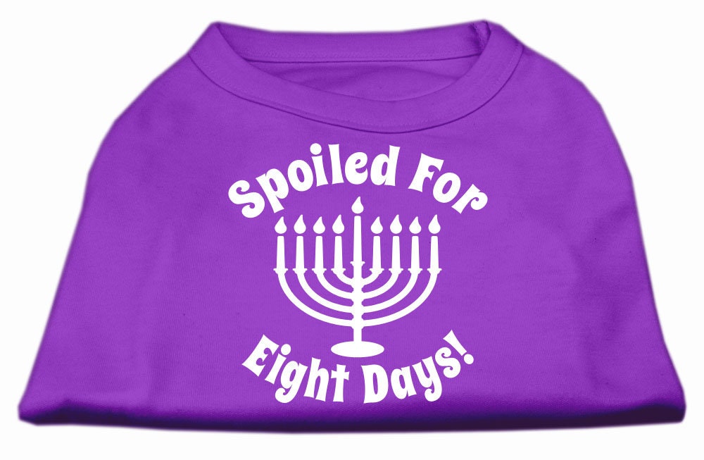 A soft and comfy Hanukkah pet shirt for dogs and cats, featuring the phrase 'Spoiled for Eight Days' in vibrant print.