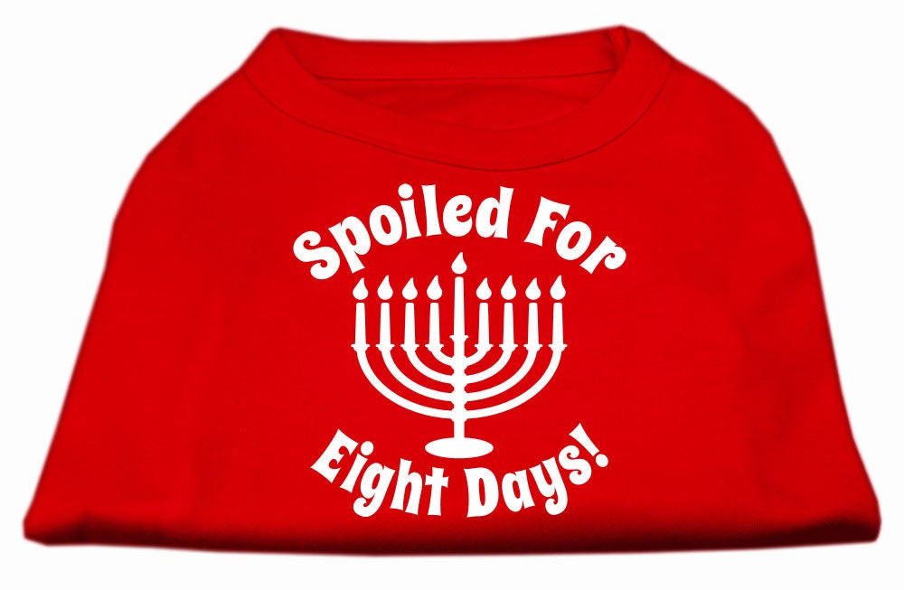 A soft and comfy Hanukkah pet shirt for dogs and cats, featuring the phrase 'Spoiled for Eight Days' in vibrant print.