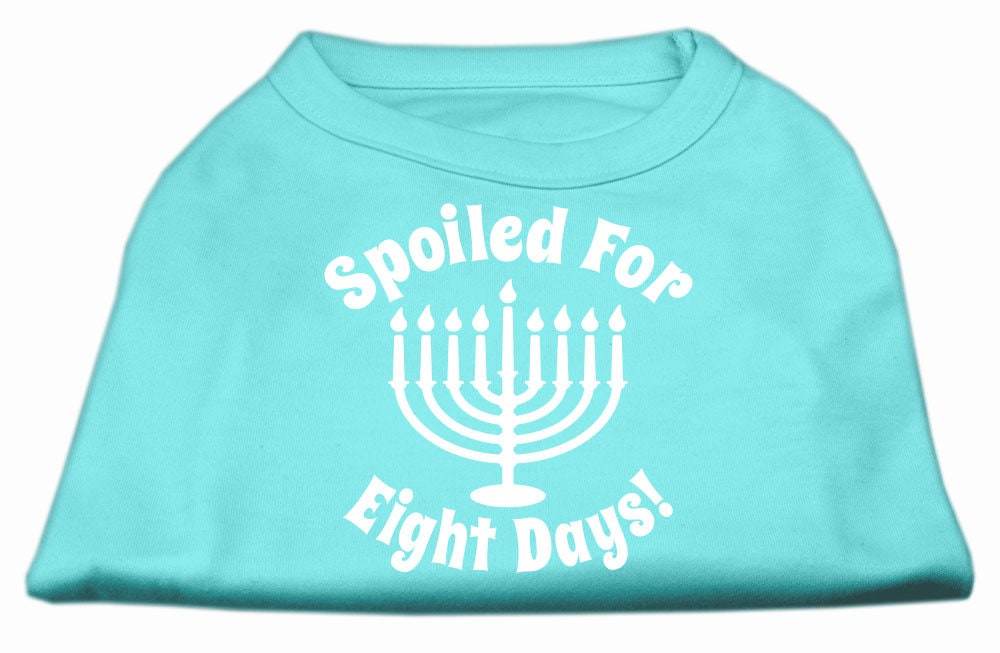 A soft and comfy Hanukkah pet shirt for dogs and cats, featuring the phrase 'Spoiled for Eight Days' in vibrant print.