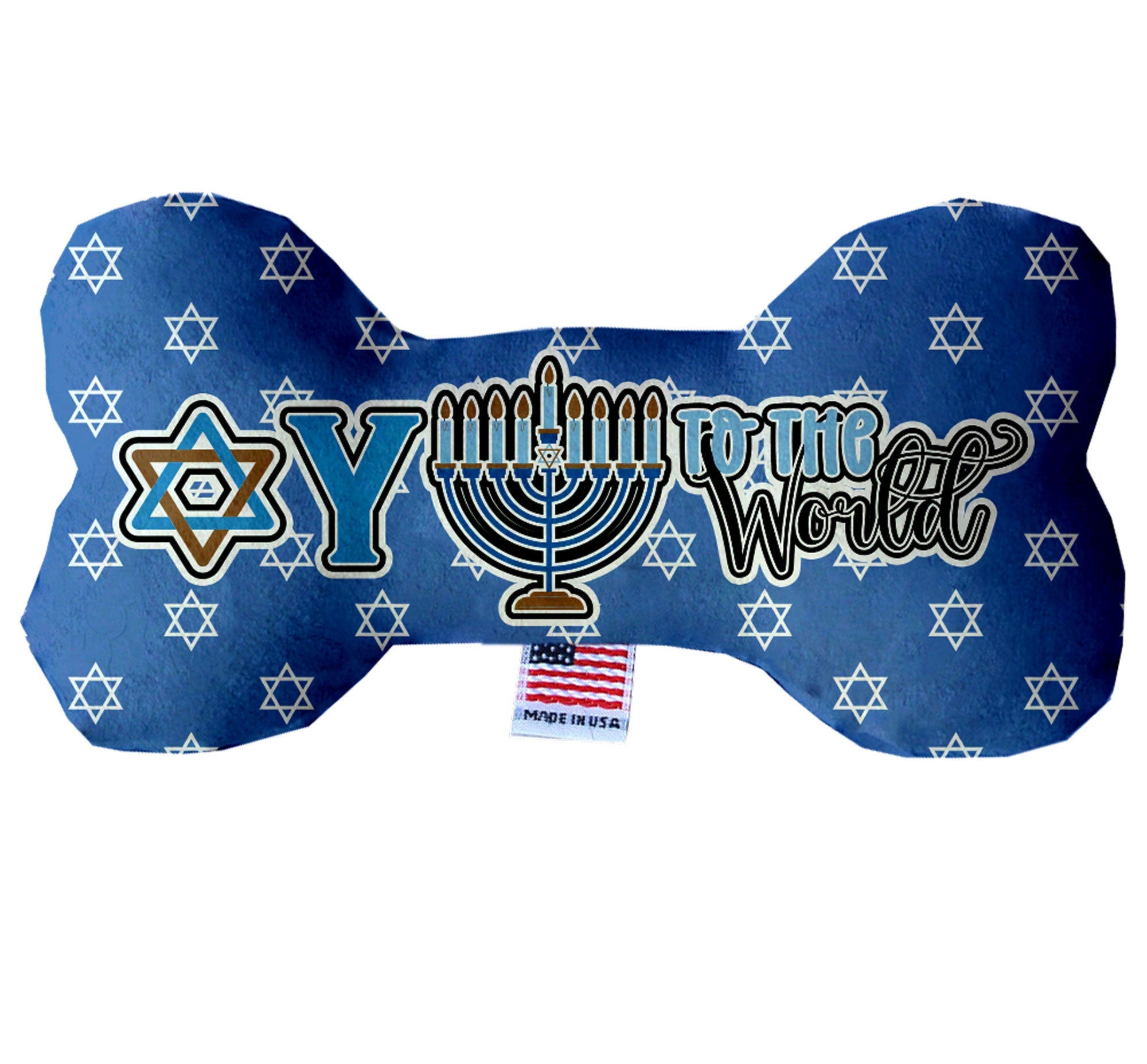 Hanukkah themed plush dog bone toy, 'Oy To The World', featuring a festive design and soft texture, perfect for dogs of all sizes.