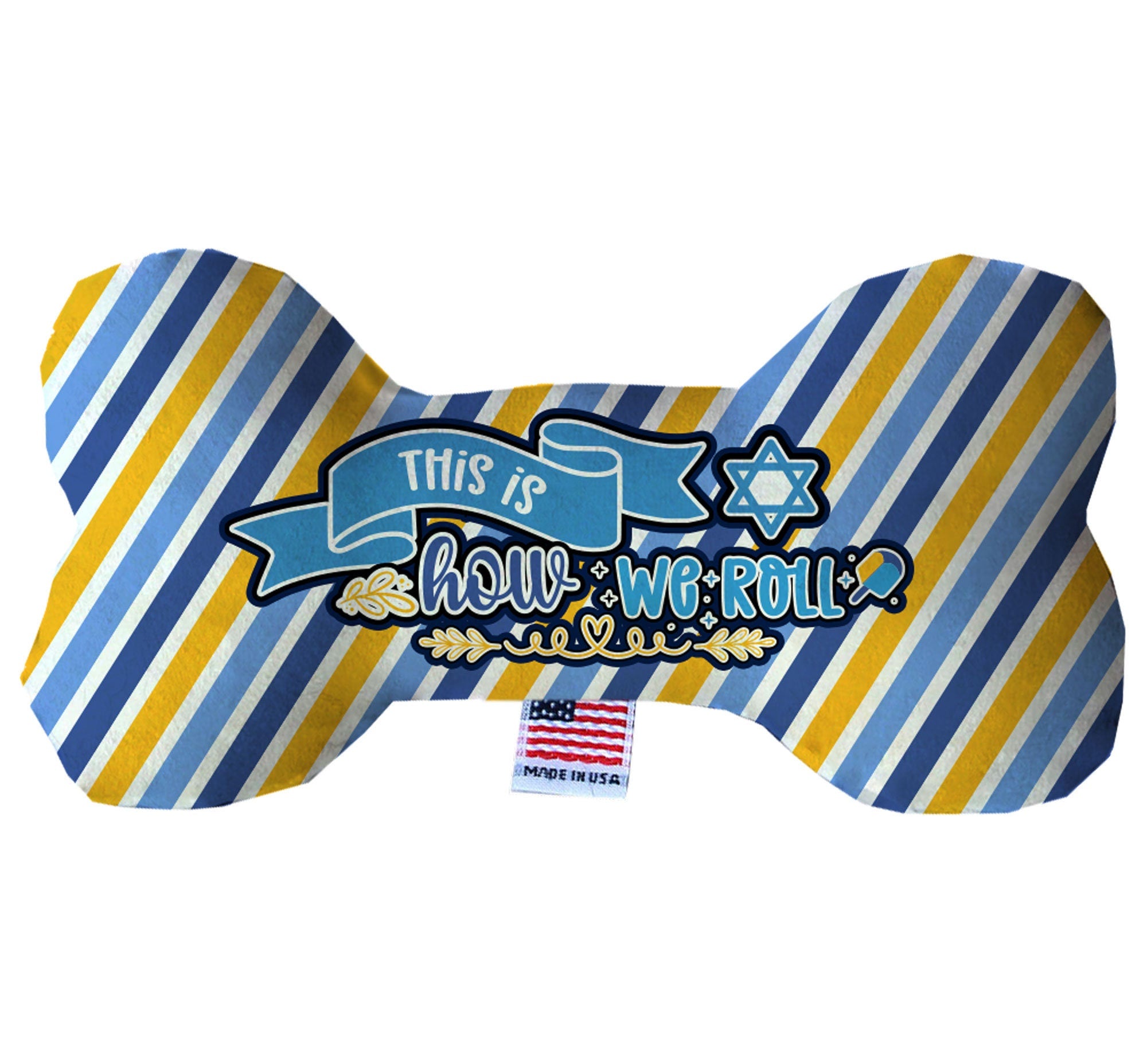 Hanukkah-themed plush bone toy for dogs, featuring festive colors and a soft texture, perfect for playtime and cuddling.