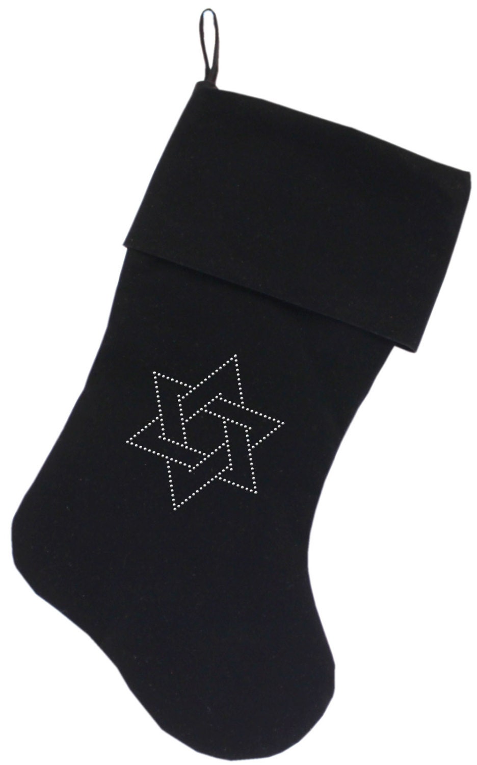 Luxurious 18-inch Hanukkah stocking featuring a rhinestone Star of David design, made from soft velvet material.