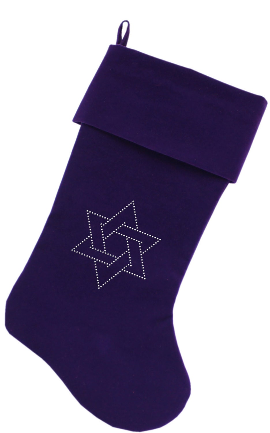 Luxurious 18-inch Hanukkah stocking featuring a rhinestone Star of David design, made from soft velvet material.