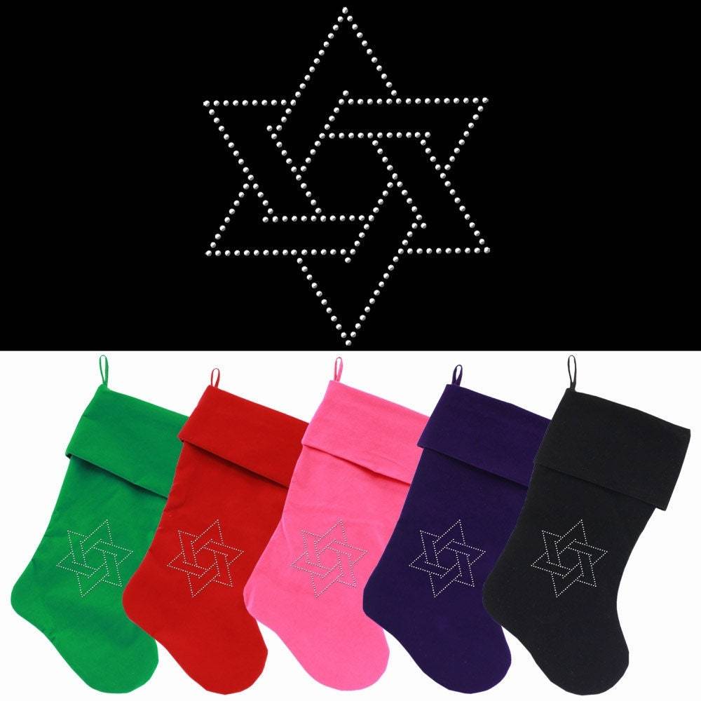 Luxurious 18-inch Hanukkah stocking featuring a rhinestone Star of David design, made from soft velvet material.