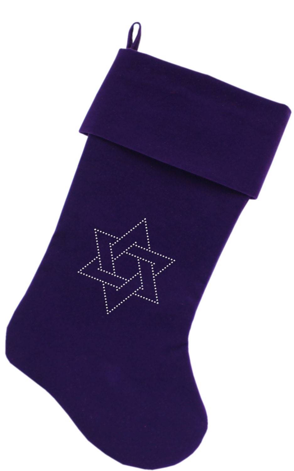 Luxurious 18-inch Hanukkah stocking featuring a rhinestone Star of David design, made from soft velvet material.