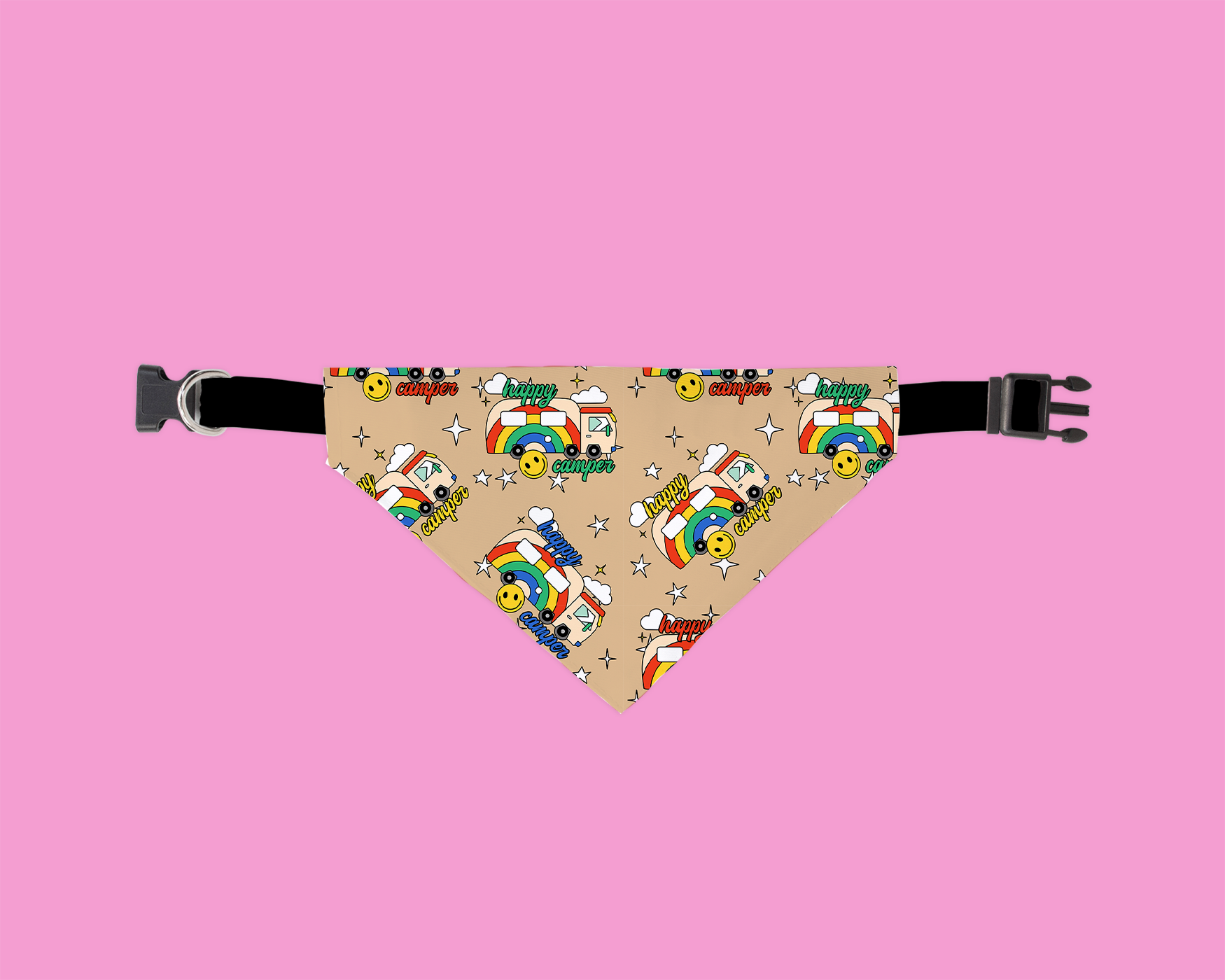 A colorful Happy Camper Bandana designed for dogs, featuring a slip-on design made from ultra-soft polyester fabric, showcasing unique patterns.