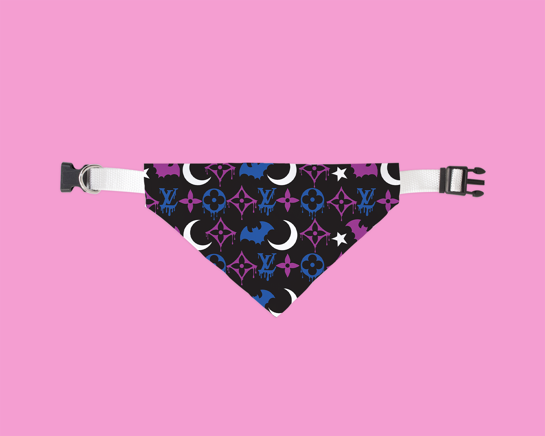 A stylish Happy Halloweenie Bandana for dogs, featuring a festive design made from ultra-soft polyester fabric, perfect for Halloween celebrations.