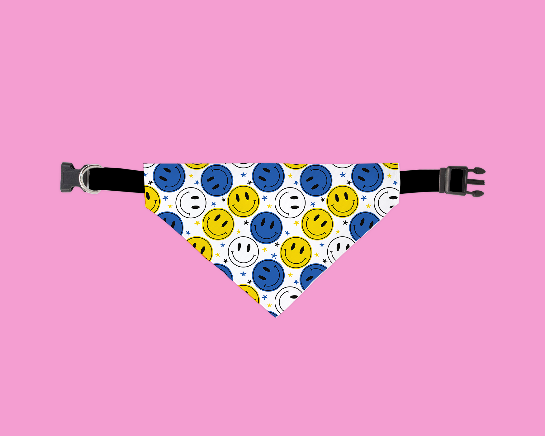 A colorful Happymart Dog Bandana displayed on a collar, showcasing its unique patterns and ultra-soft fabric, perfect for stylish pets.