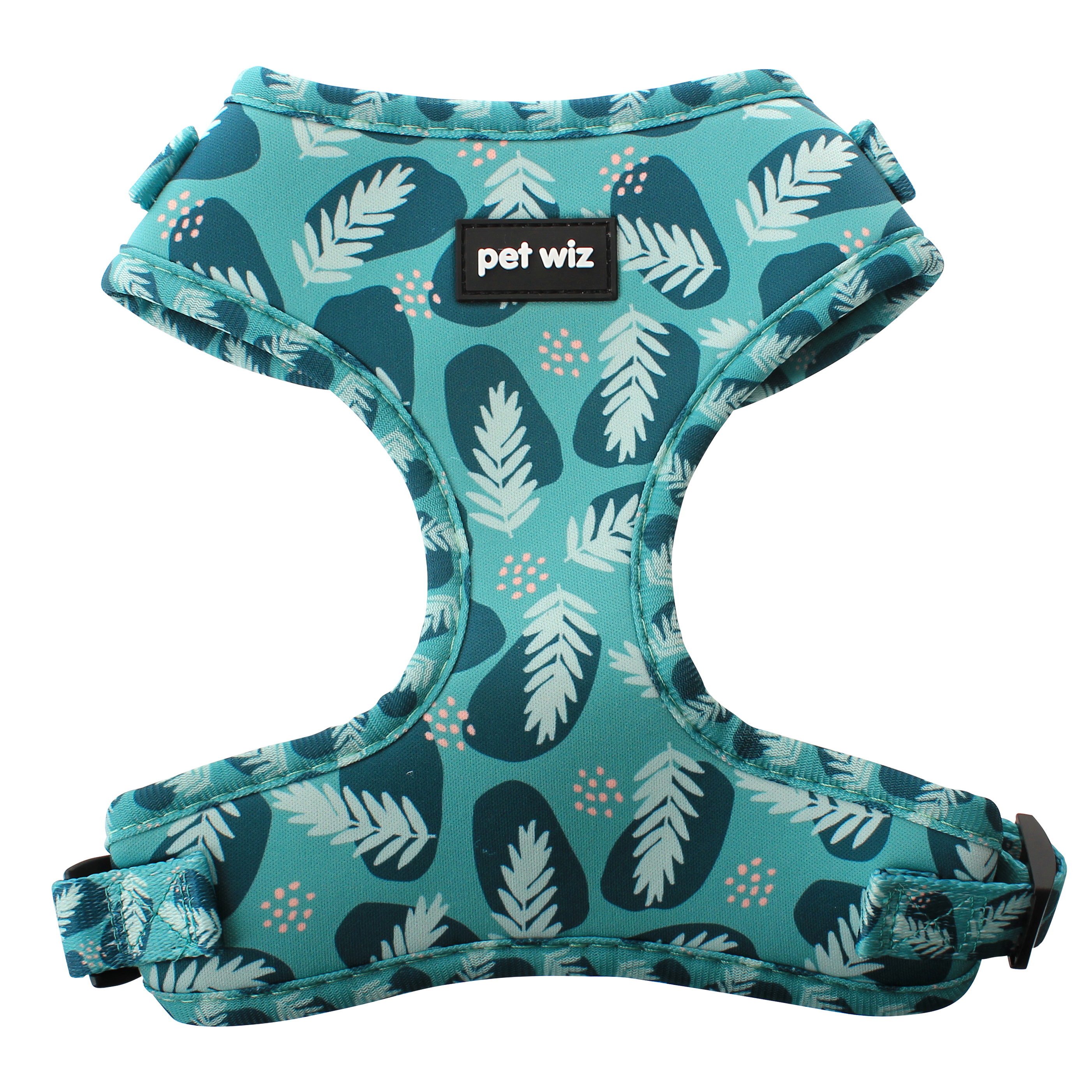 Stylish dog harness in three patterns, featuring adjustable straps and padded interior for comfort.