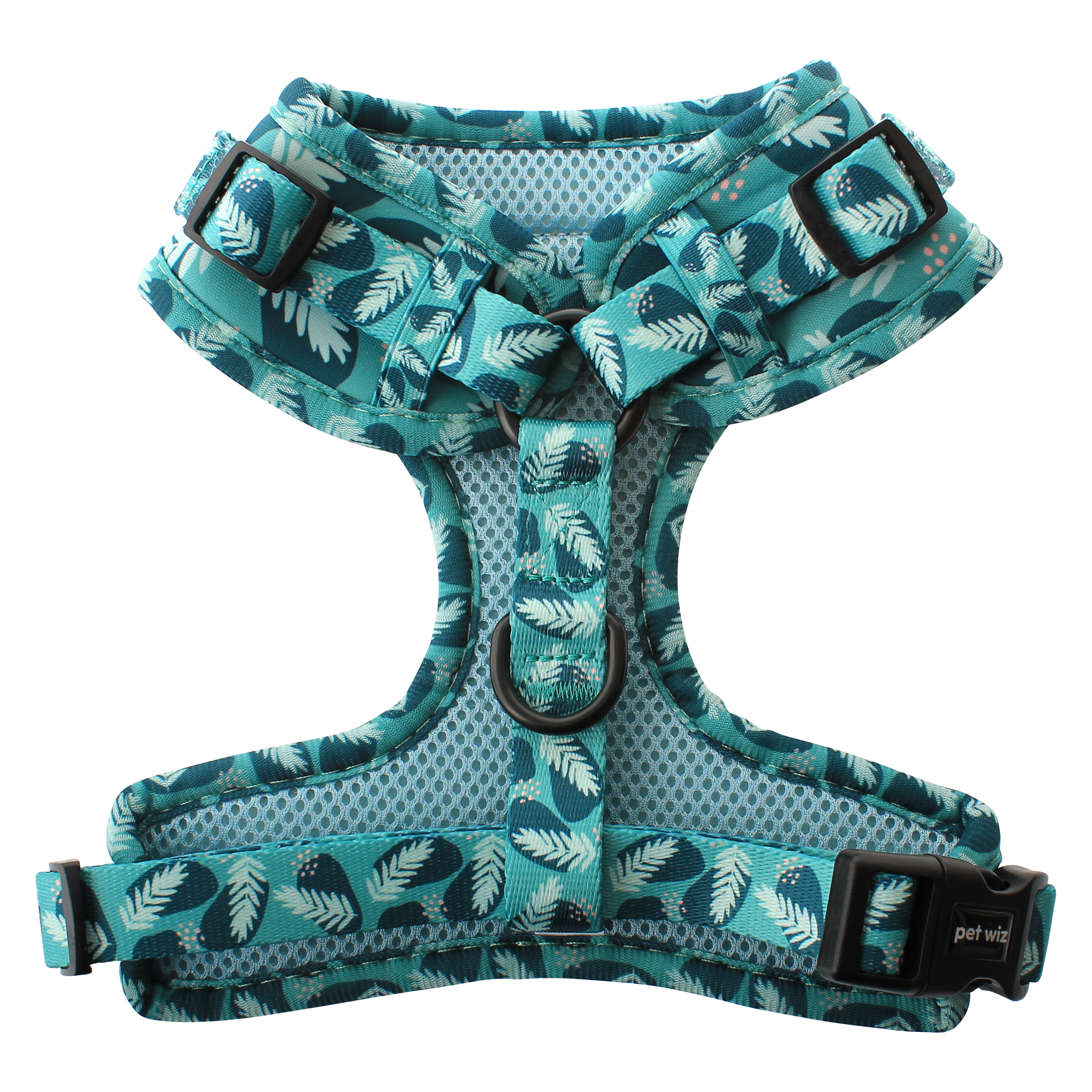 Stylish dog harness in three patterns, featuring adjustable straps and padded interior for comfort.