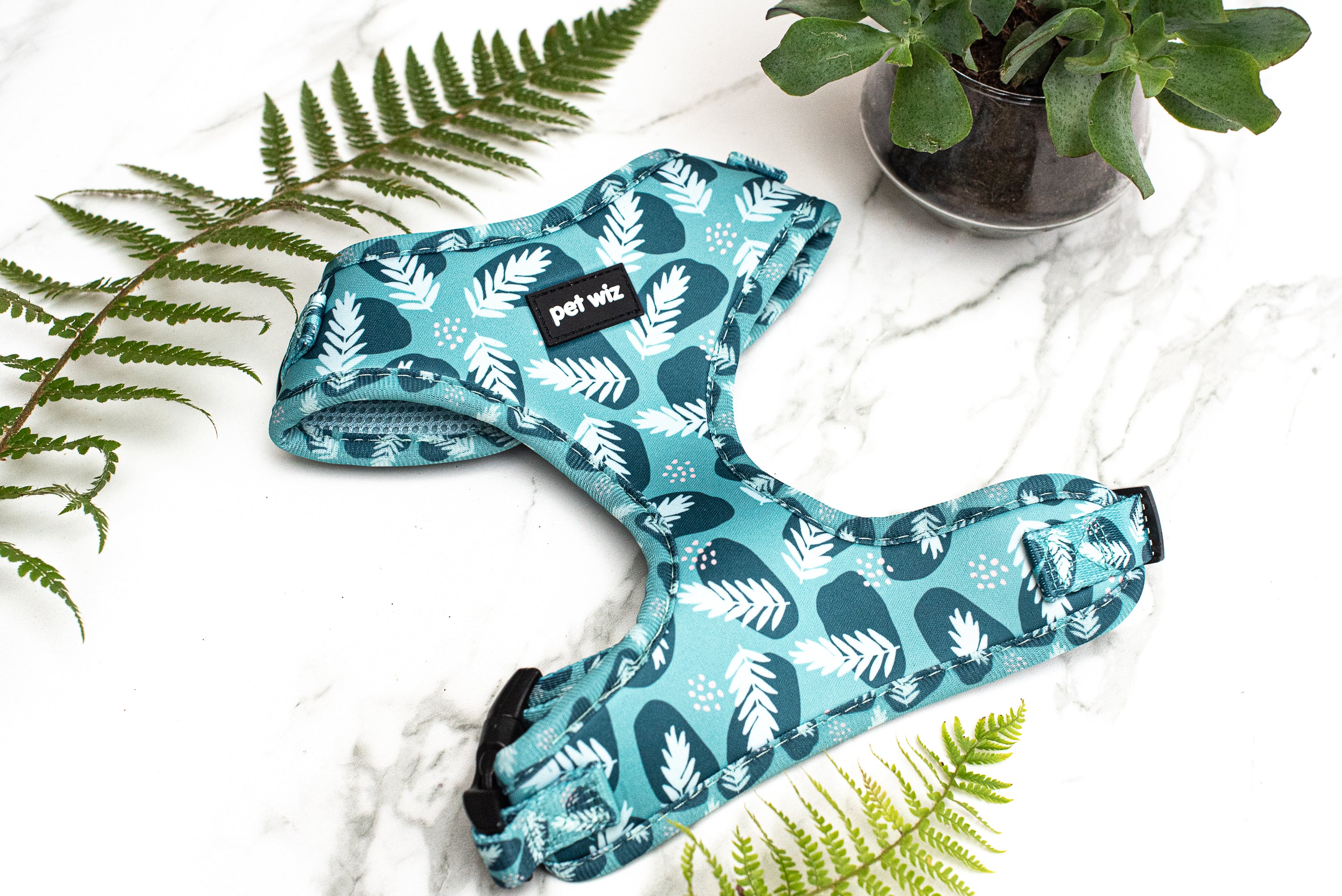 Stylish dog harness in three patterns, featuring adjustable straps and padded interior for comfort.