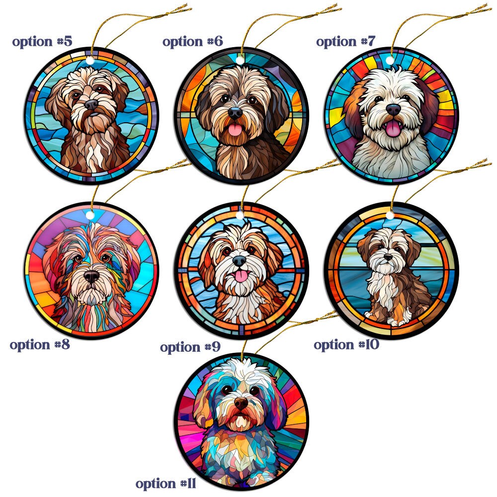 Stained glass style jewelry featuring Havanese designs, including necklaces and earrings in silver and gold.