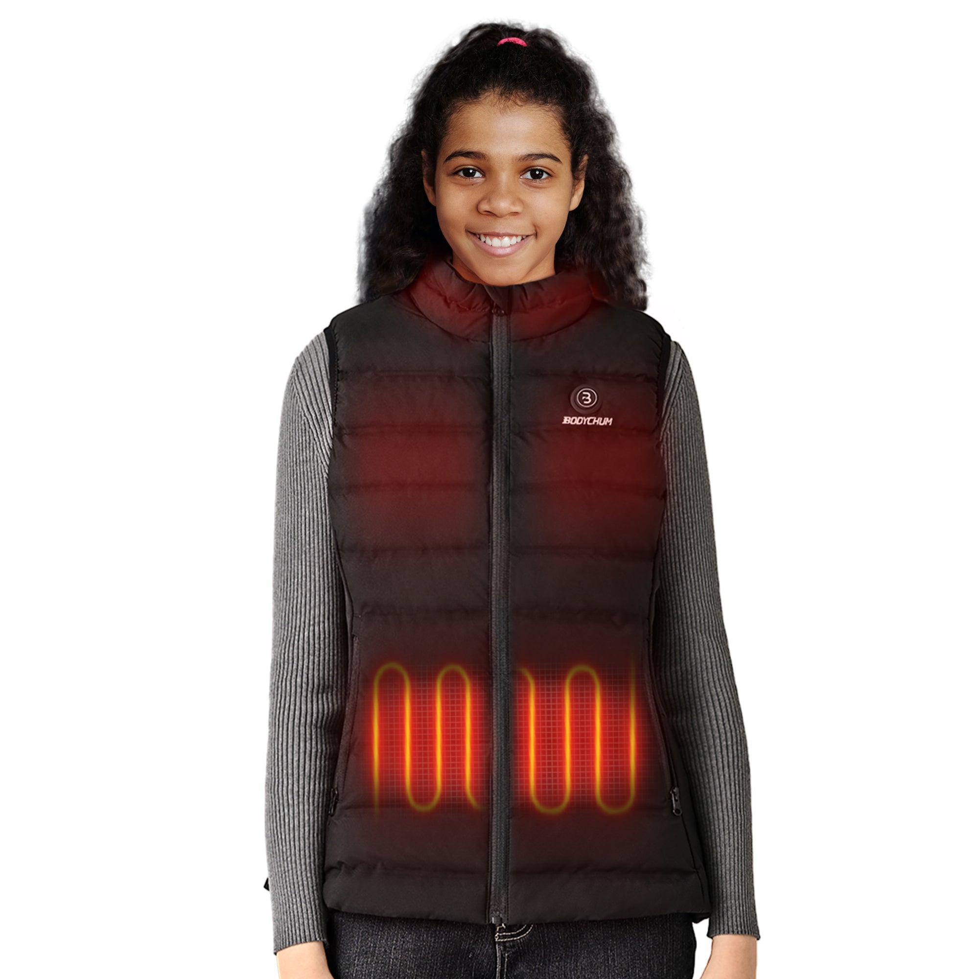 A stylish heated vest for kids, featuring 6 heating zones, a battery pack, and a comfortable fit, perfect for outdoor winter activities.