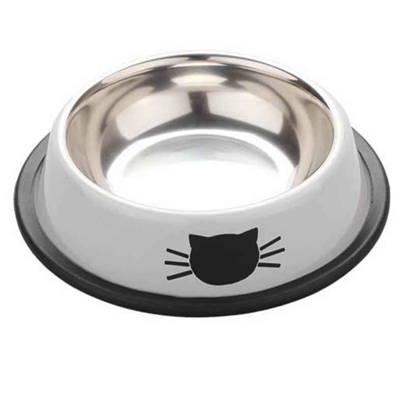 High quality stainless steel pet bowl with a non-slip rubber bottom, featuring a vibrant paint pattern and durable design.